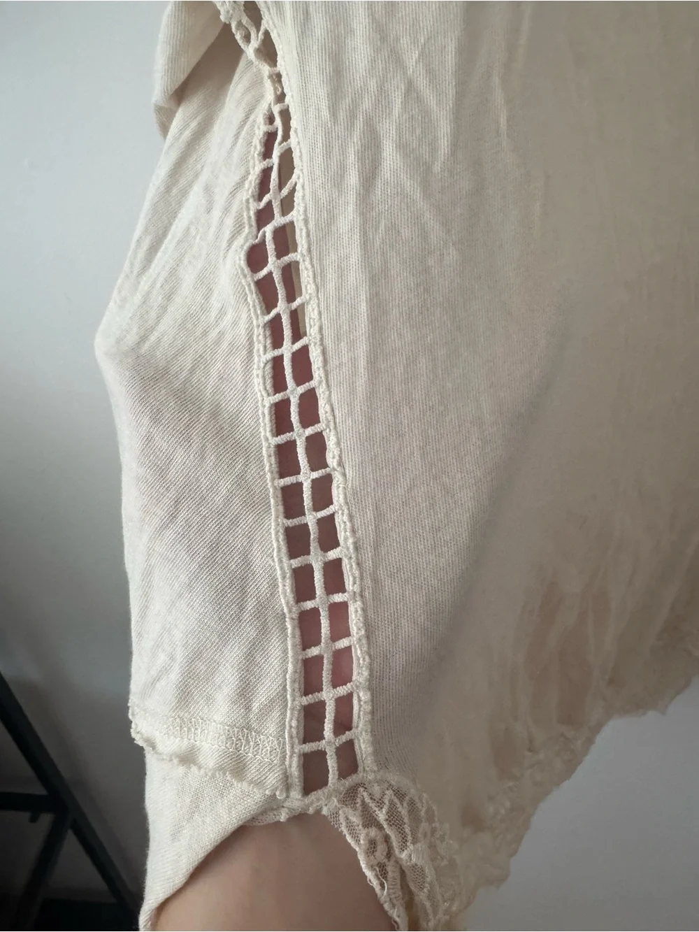 Free People Cream Lace-Trim Long Sleeve Tee